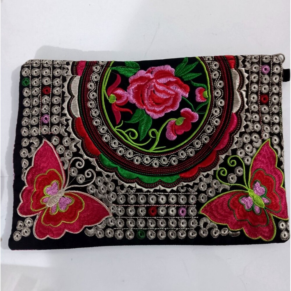 Makeup/Cosmetic Bag, Pink & Red Roses & Butterfly Design By Bijorca,11"x 8" NWOT